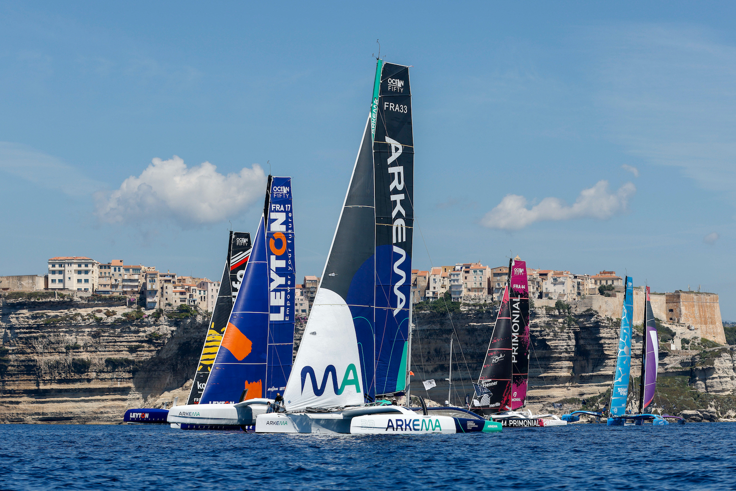 BONIFACIO, FRANCE - MAY 12: Ocean Fifty Arkema trimaran, led by Quentin Vlamynck of France, competes both inshore and offshore on the island of Corsica during Episode 1 of the Pro Sailing Tour in the Bay of Bonifacio on May 12, 2022 in Bonifacio, Corsica, France. (Photo by Lloyd Images/Pro Sailing Tour)