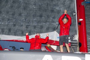 Winner Multi 50 category Arkema, skippers Lalou Roucayrol and Alex Pella, in 10d 19h 14mn 19s, during arrival of the duo sailing race Transat Jacques Vabre 2017 from Le Havre (FRA) to Salvador de Bahia (BRA), on November 16th, 2017 - Photo Jean-Marie Liot / ALeA / TJV17