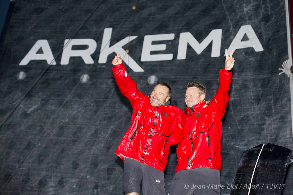 Winner Multi 50 category Arkema, skippers Lalou Roucayrol and Alex Pella, in 10d 19h 14mn 19s, during arrival of the duo sailing race Transat Jacques Vabre 2017 from Le Havre (FRA) to Salvador de Bahia (BRA), on November 16th, 2017 - Photo Jean-Marie Liot / ALeA / TJV17