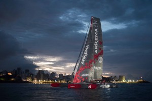 Winner Multi 50 category Arkema, skippers Lalou Roucayrol and Alex Pella, in 10d 19h 14mn 19s, during arrival of the duo sailing race Transat Jacques Vabre 2017 from Le Havre (FRA) to Salvador de Bahia (BRA), on November 16th, 2017 - Photo Jean-Louis Carli / ALeA / TJV17