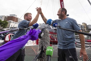 Winner Multi 50 category Arkema, skippers Lalou Roucayrol and Alex Pella, in 10d 19h 14mn 19s, with media during arrival of the duo sailing race Transat Jacques Vabre 2017 from Le Havre (FRA) to Salvador de Bahia (BRA), on November 16th, 2017 - Photo Jean-Marie Liot / ALeA / TJV17